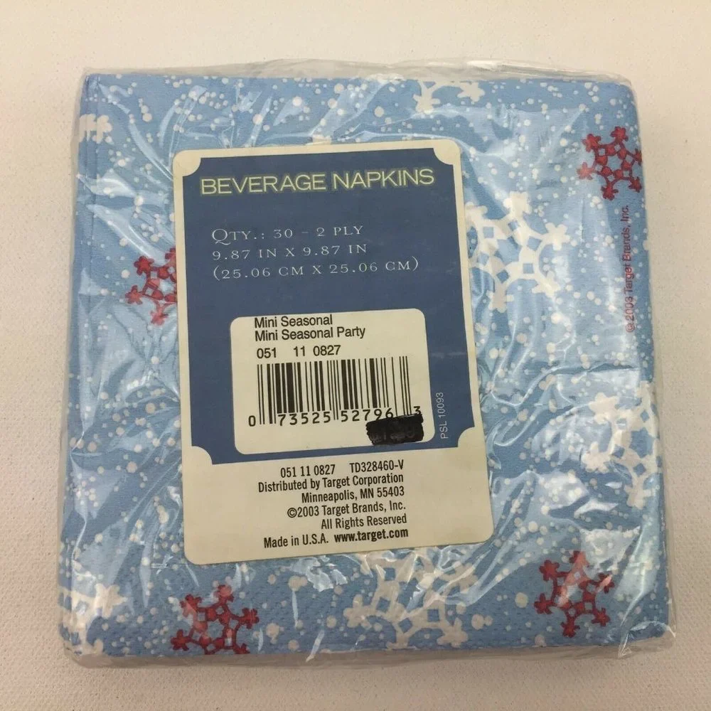 Beverage Napkins Mini Seasonal Party Blue Snowflakes Red White 60 Count